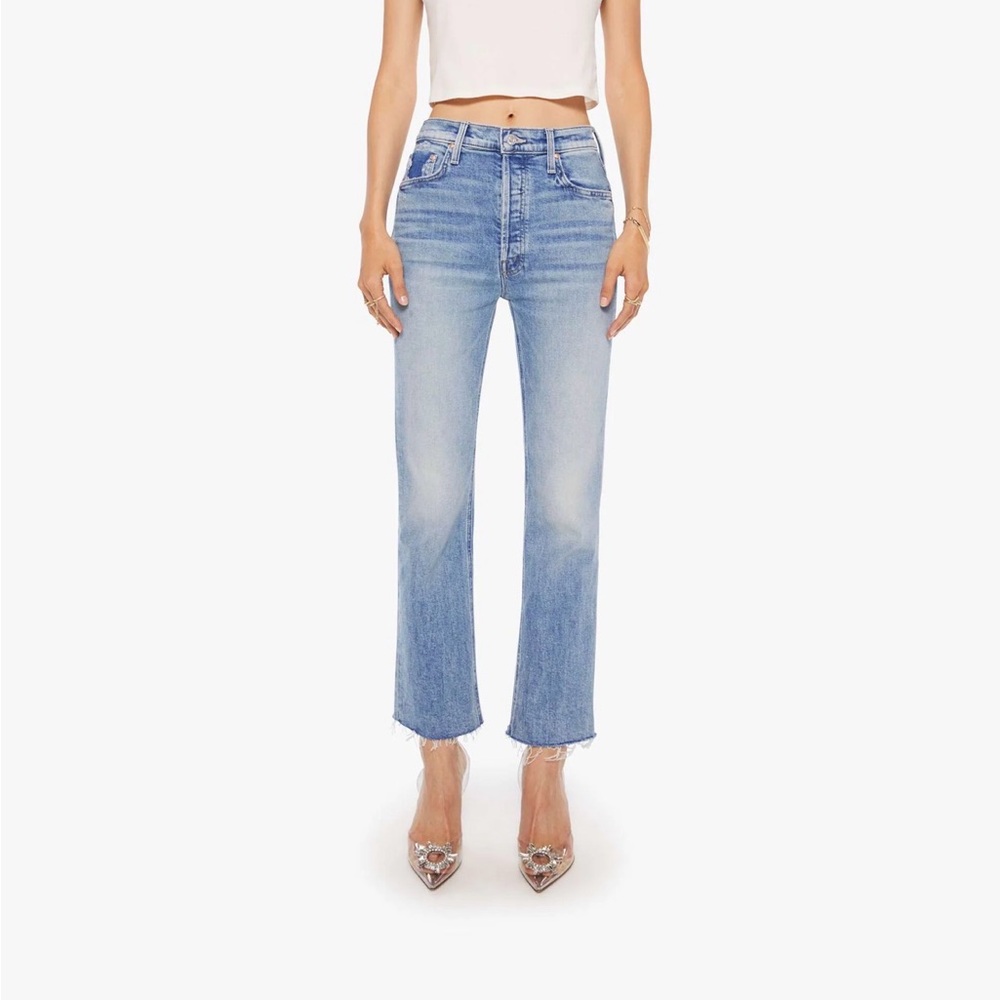 MOTHER Superior The Tripper Flood Fray Jeans Left in Dust Flare Denim Blue 25
